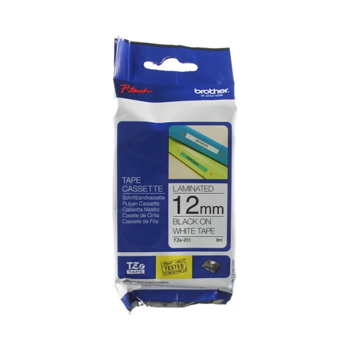 Brother TZe-231 Black on White Laminated Tape, 12mm x 8m